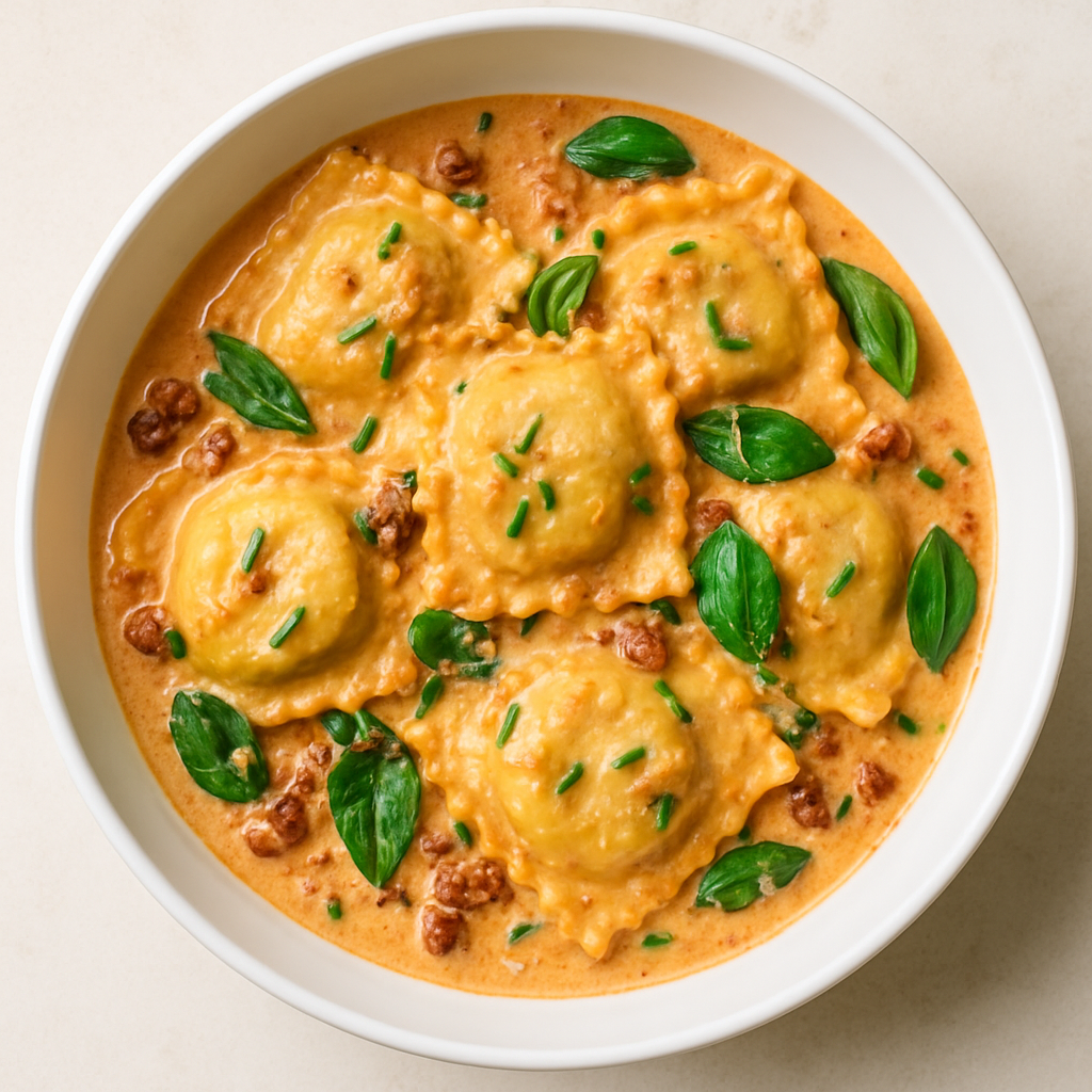 Ravioli with Creamy Sun-Dried Tomato and Basil Sauce