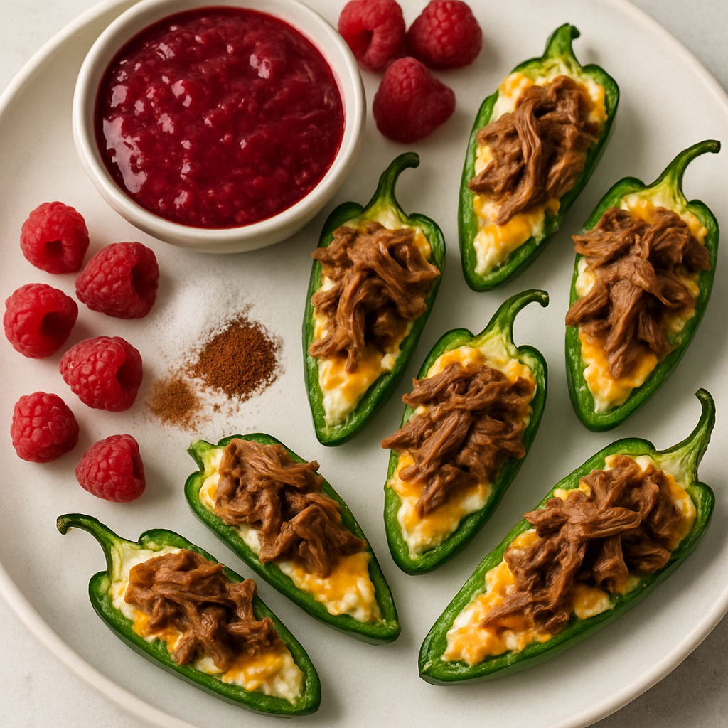 Pulled Pork Jalapeño Poppers With Raspberry Sauce