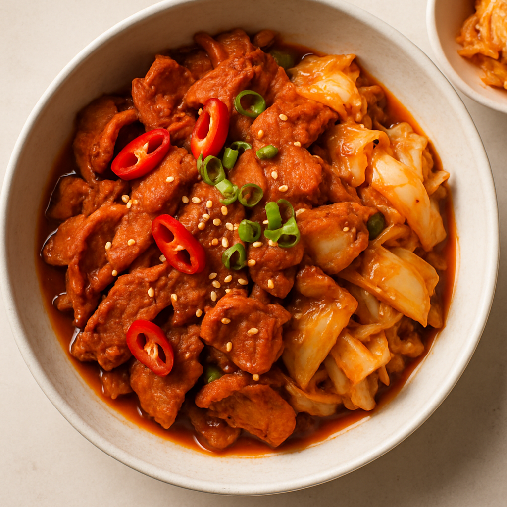 Cerdo Coreano Marinado Picante con Chiles y Kimchi