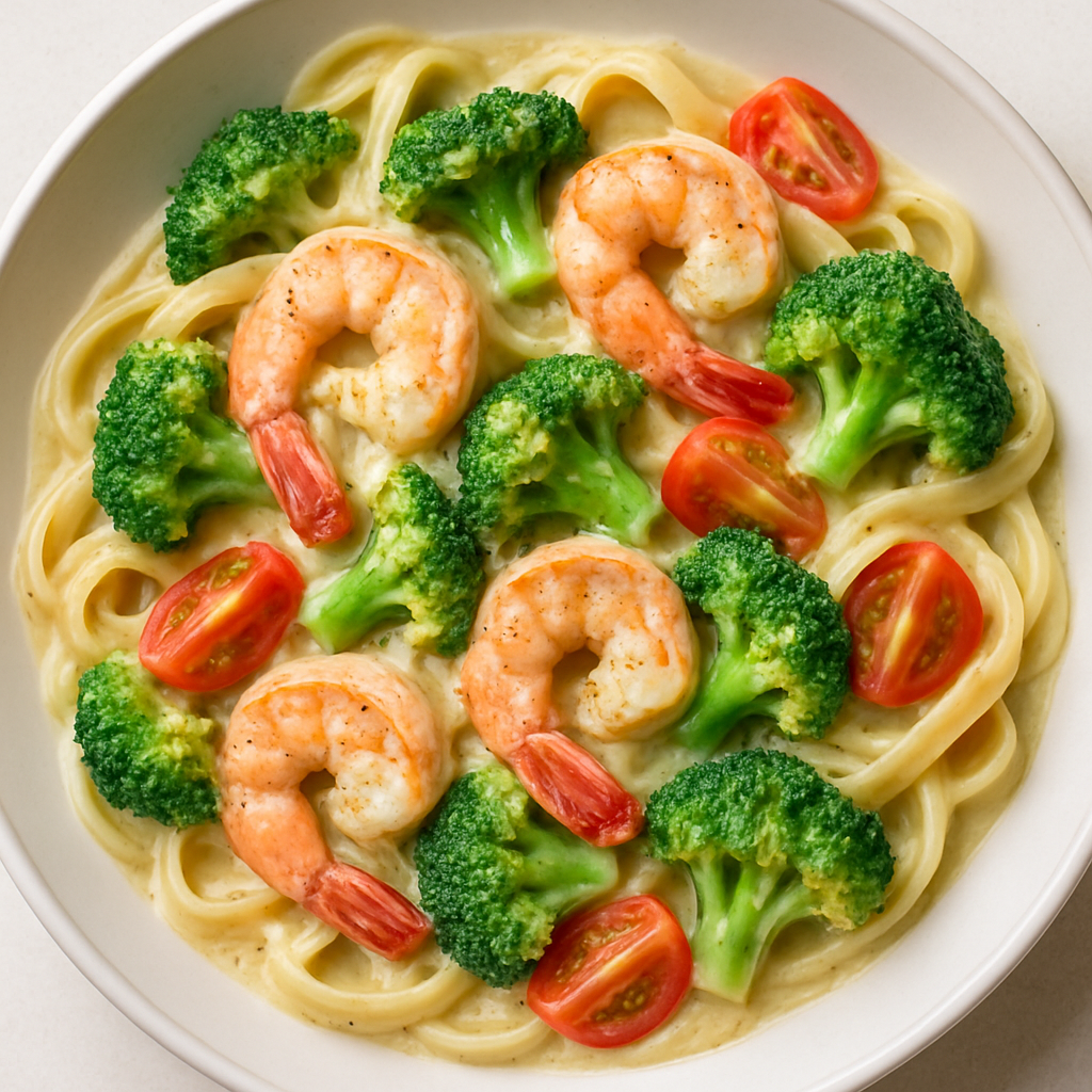 Fettuccine con Camarones y Brócoli