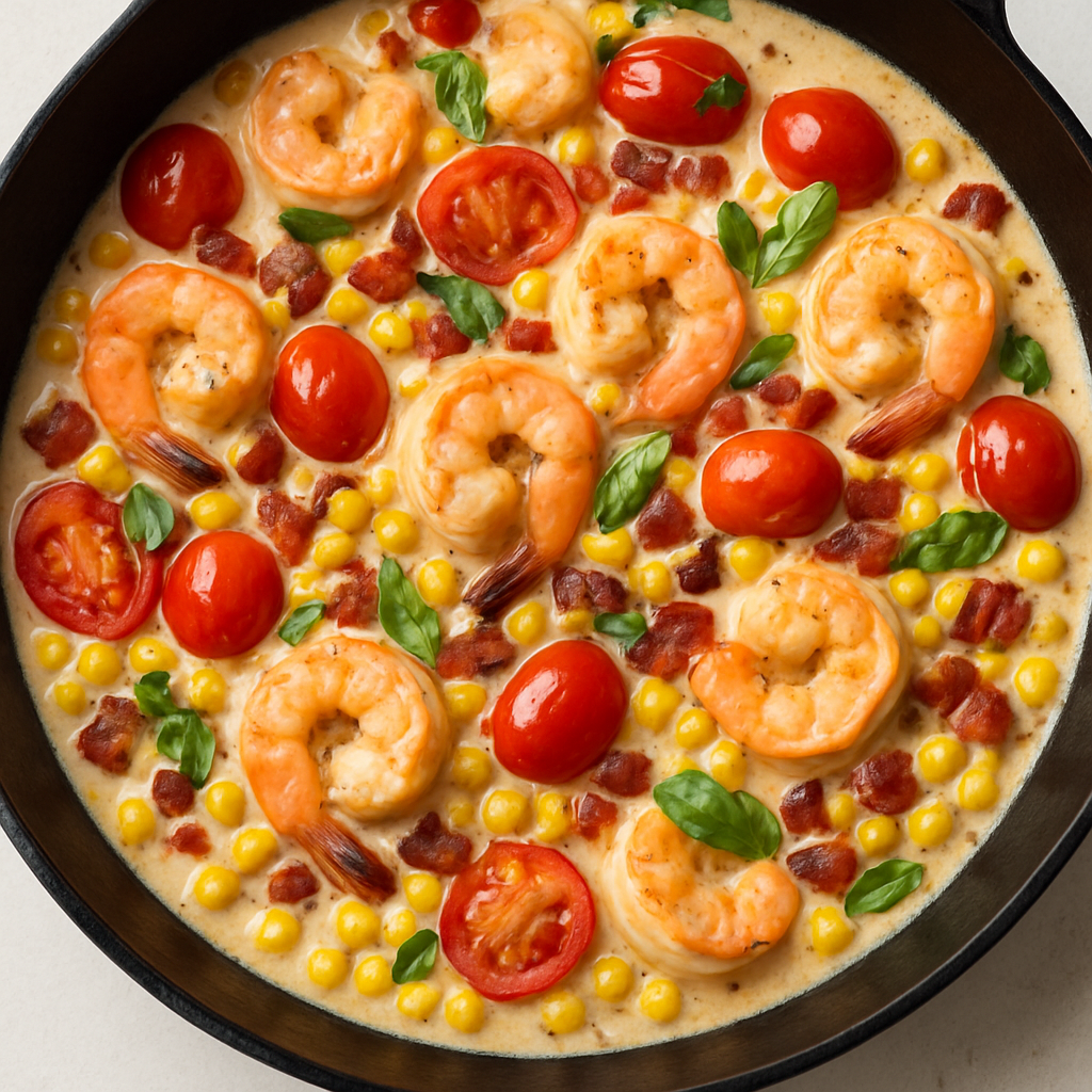 Creamy Skillet Shrimp with Corn, Pancetta, and Tomatoes