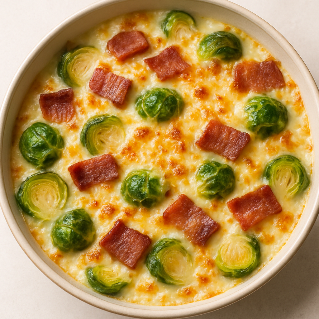 Wagyu Beef Bacon and Brussels Sprouts Au Gratin
