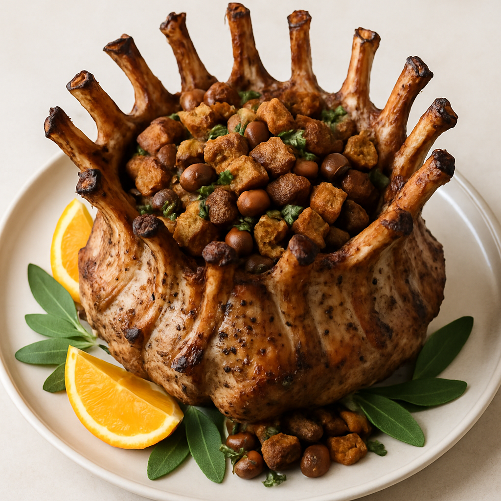 Crown Roast of Pork with Chestnut-Rye Stuffing