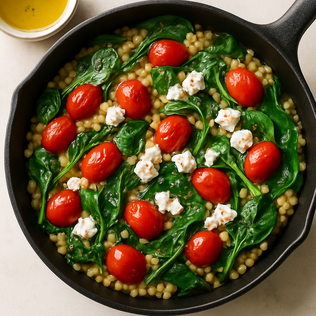 Skillet Pearled Couscous with Tomatoes, Feta, and Spinach