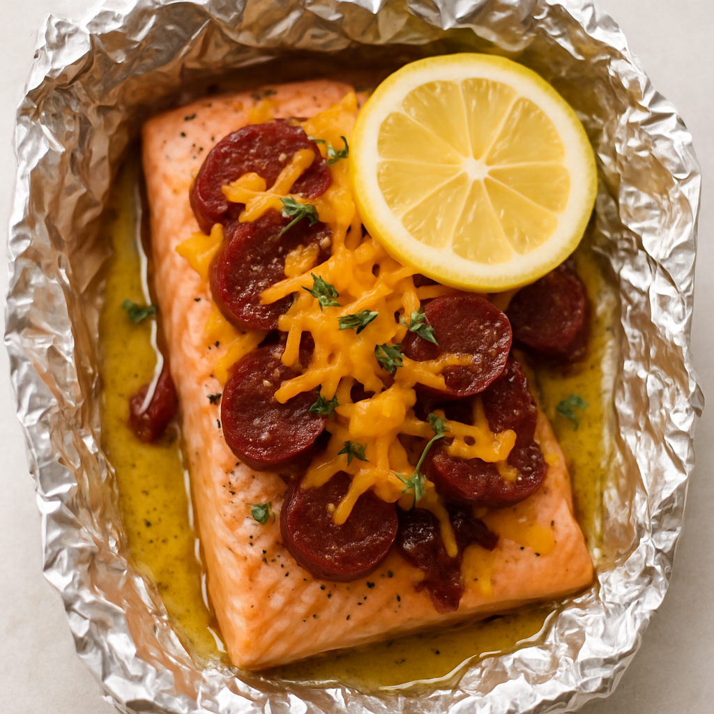 Baked Salmon in Foil with Chorizo and Cheese