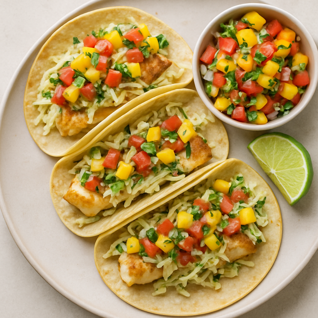 Fish Tacos with Mango Pico de Gallo and Napa Slaw