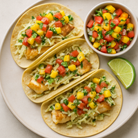 Fish Tacos with Mango Pico de Gallo and Napa Slaw