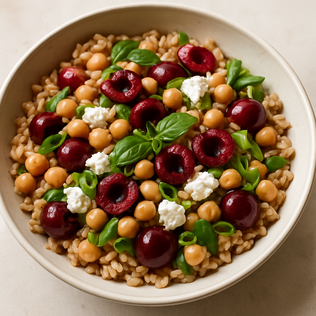 Ensalada Tibia de Arroz Integral, Garbanzos, Cerezas y Queso de Cabra