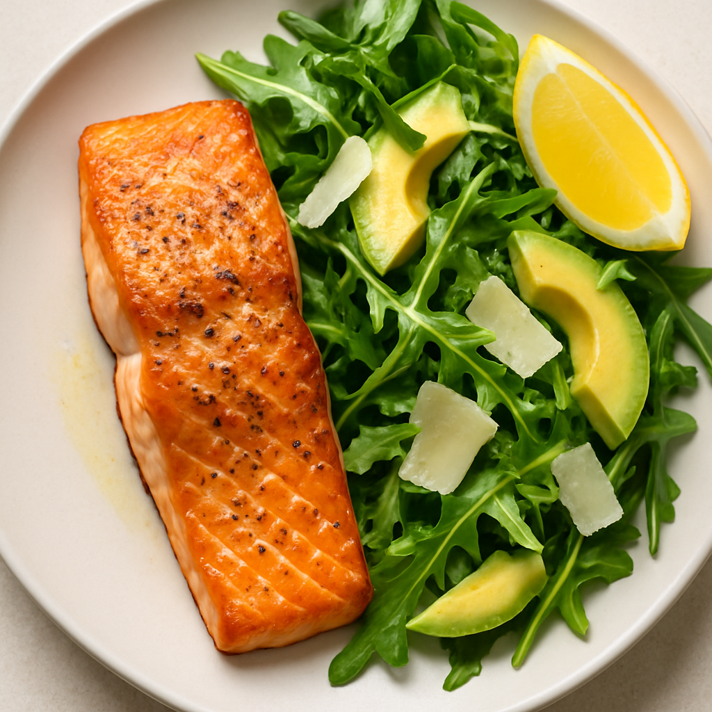 Pan-Roasted Salmon with Arugula and Avocado Salad