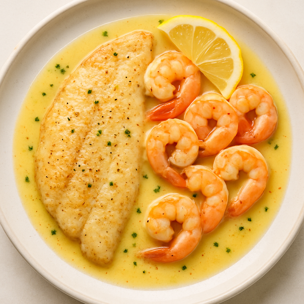 Lenguado y Camarones con Mantequilla de Limón