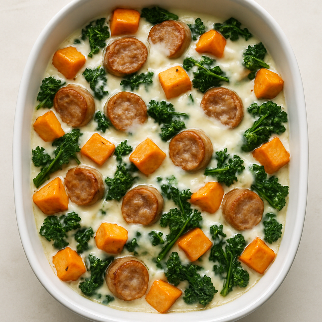 Sweet Potato, Kale, and Sausage Bake with White Cheese Sauce