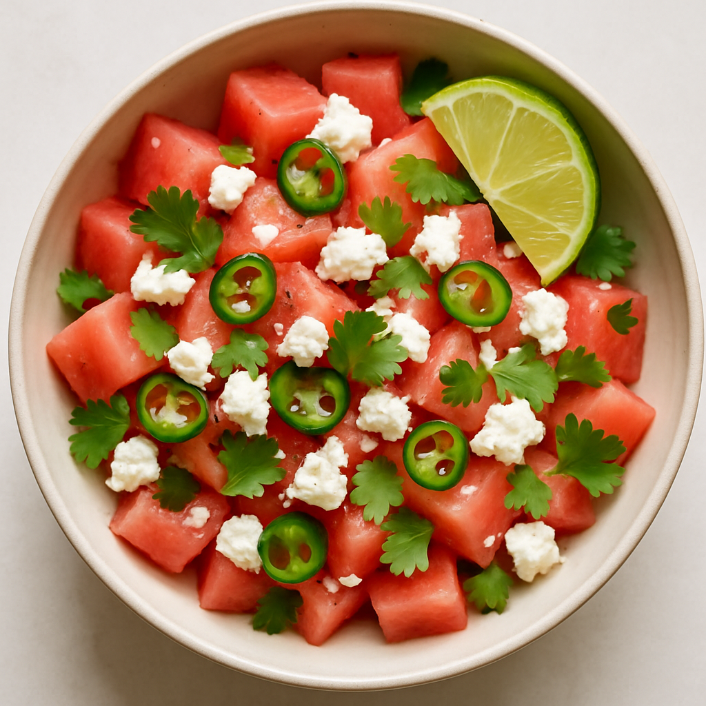 Ensalada de Sandía y Queso Feta con Limón y Chile Serrano