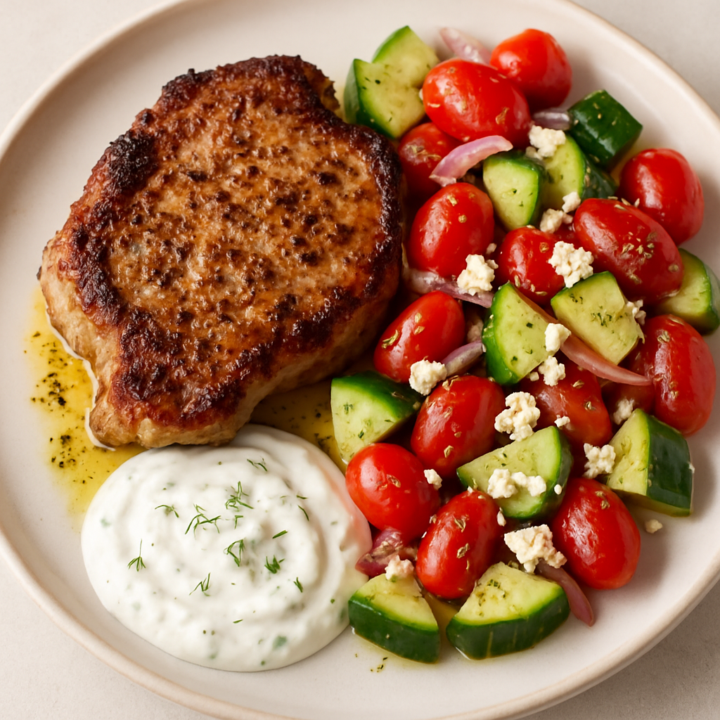 Chuletas de Cerdo Griegas con Ensalada de Tomate y Pepino