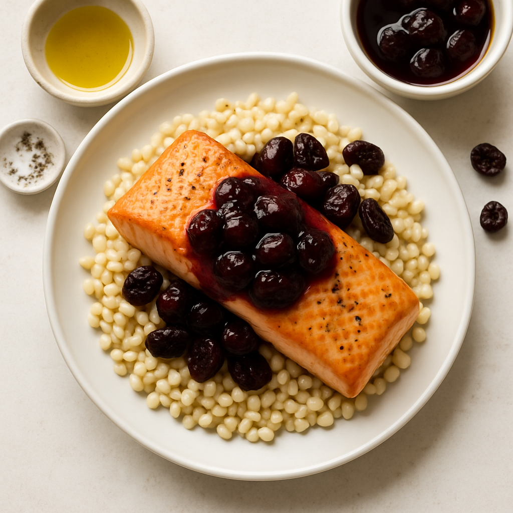 Salmón con Salsa de Cereza y Cuscús Israelí