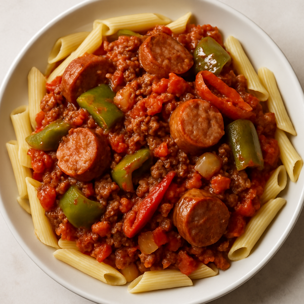Salchicha y Pimientos Cajún sobre Penne