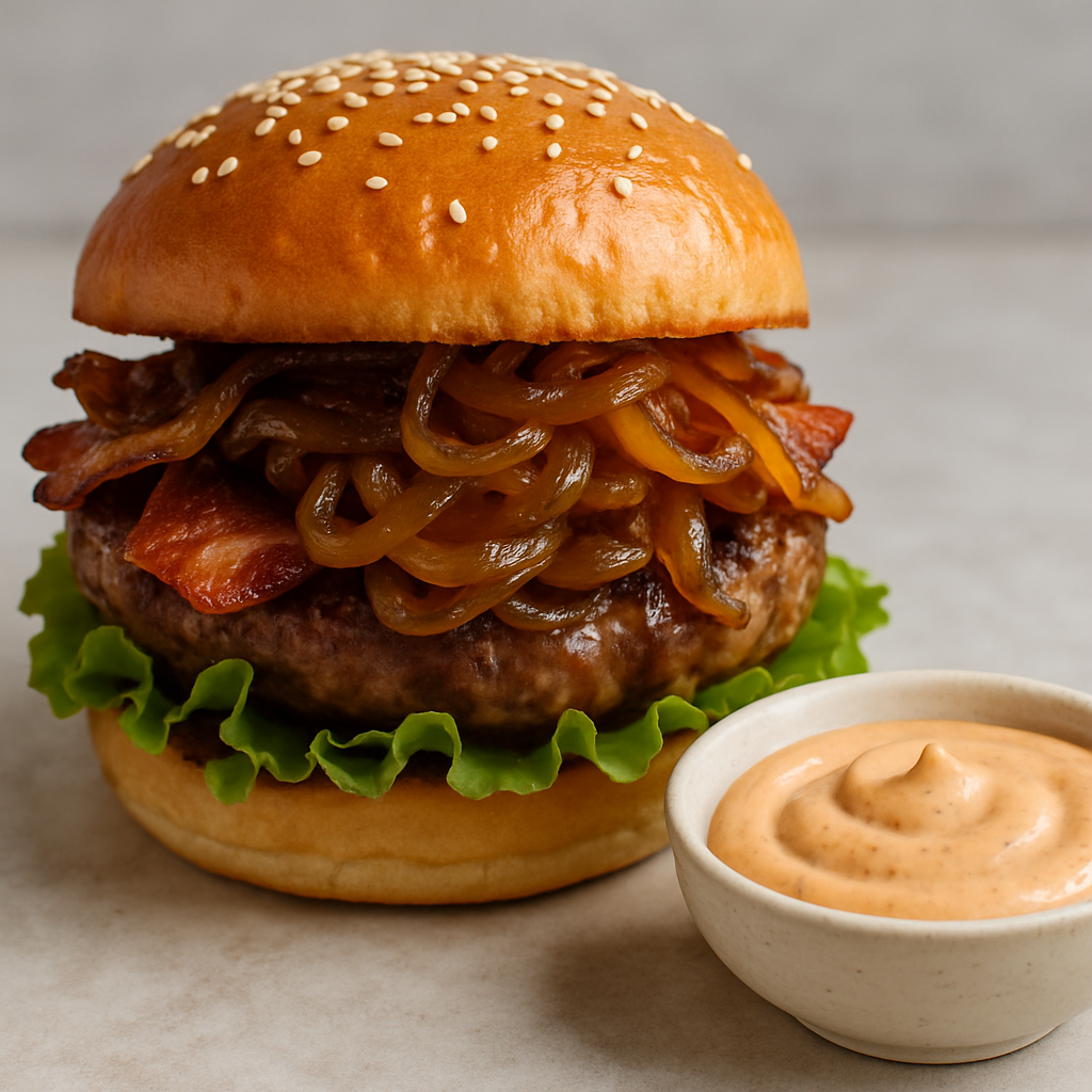 Beer Braised Onions and Chipotle Mayonnaise