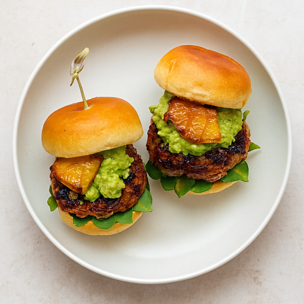 Mini Hamburguesas de Salmón Glaseadas con Piña y Teriyaki con Aguacate