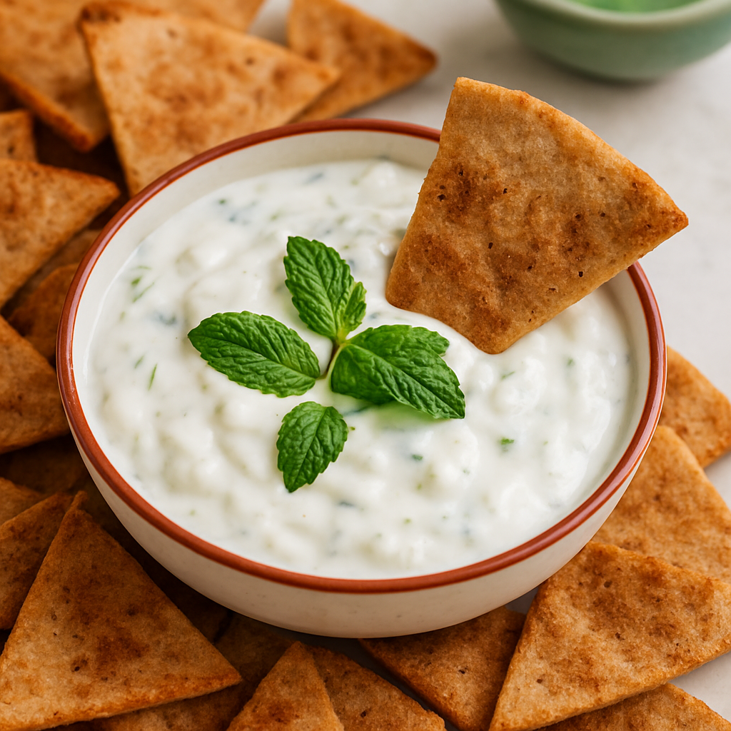 Chips de Pan de Pita Caseros con Salsa de Yogur y Menta