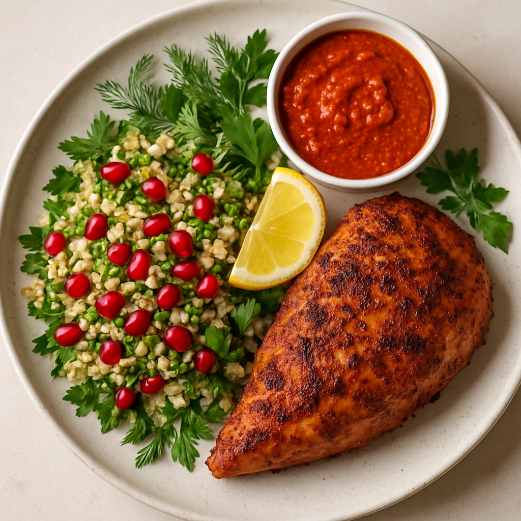 Pavo Especiado con Ensalada de Bulgur y Granada