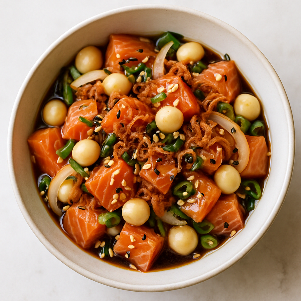 Poke de Salmón con Nueces de Macadamia y Chalotes Fritos