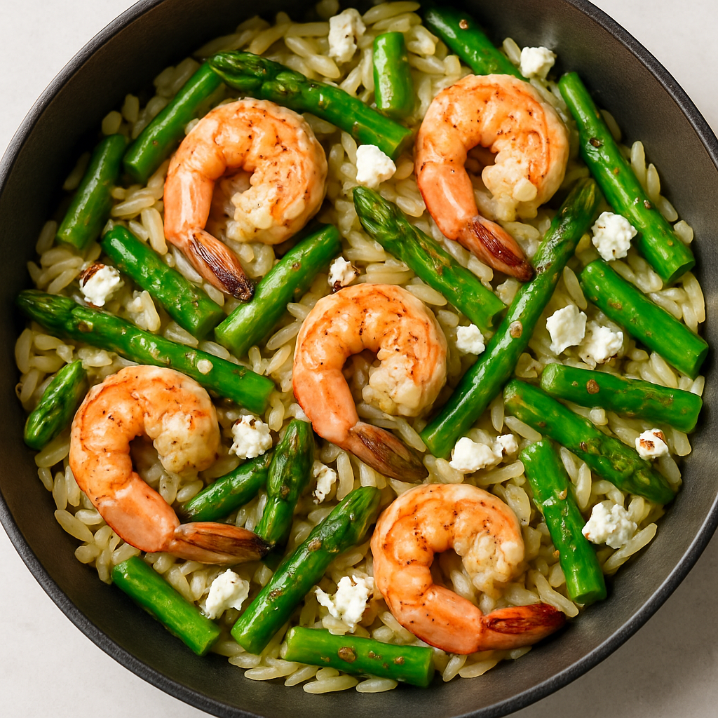 Skillet Shrimp with Orzo, Feta and Asparagus