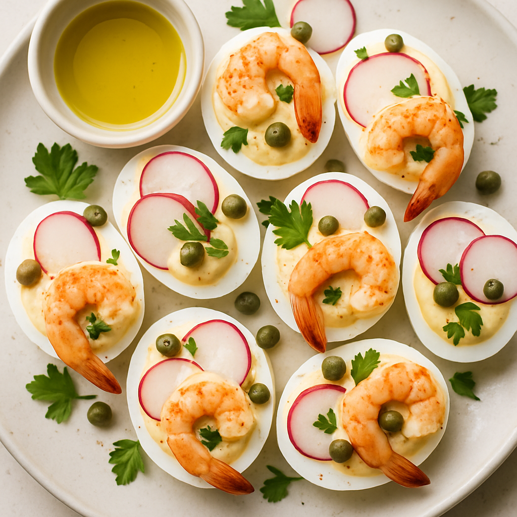 Huevos Rellenos con Camarones y Rábanos