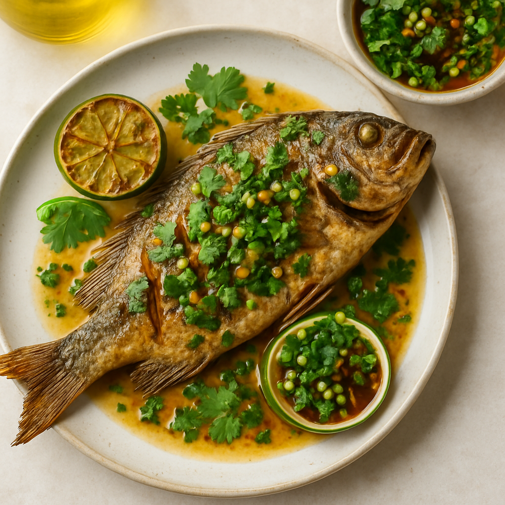 Whole Fried Fish with Grilled Lime, Cilantro and Ginger Vinaigrette