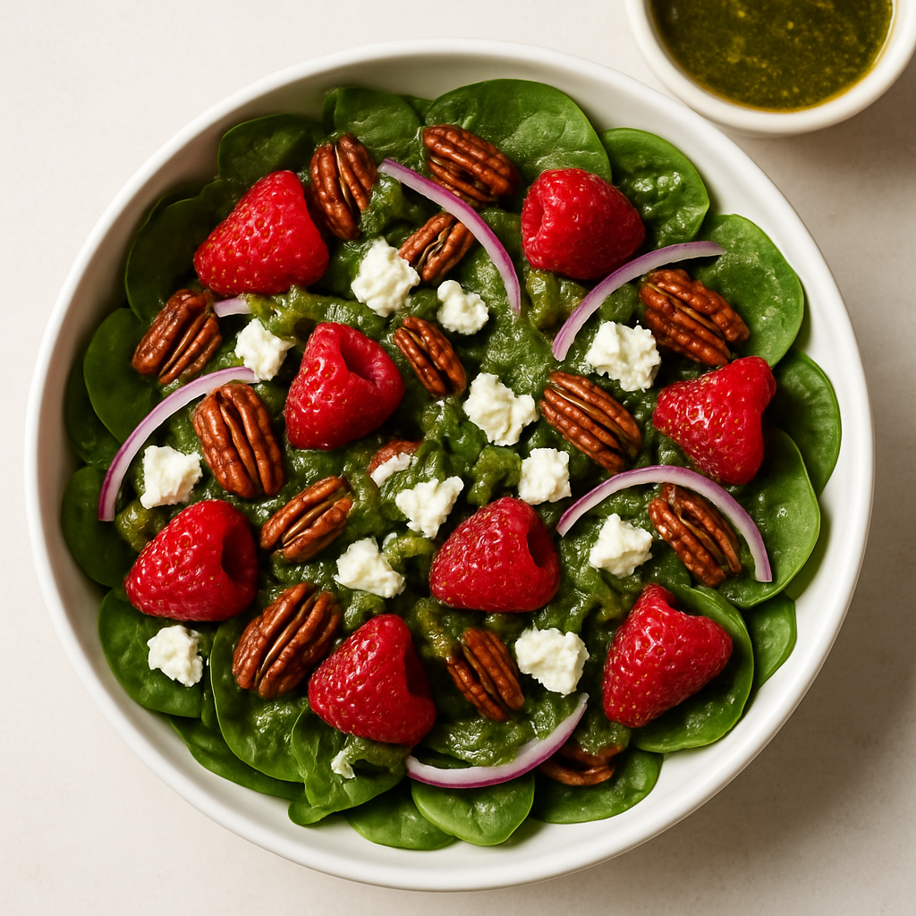Strawberry Spinach Salad with Goat Cheese, Pecans and Pesto Balsamic Vinaigrette