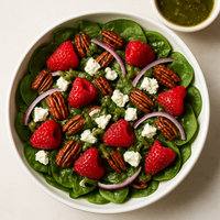 Strawberry Spinach Salad with Goat Cheese, Pecans and Pesto Balsamic Vinaigrette