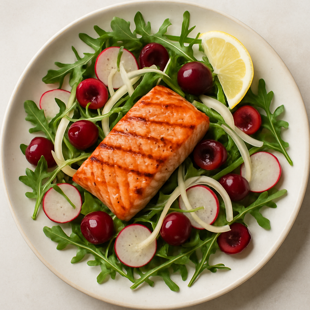 Grilled Salmon, Fennel, Radish and Cherry Salad