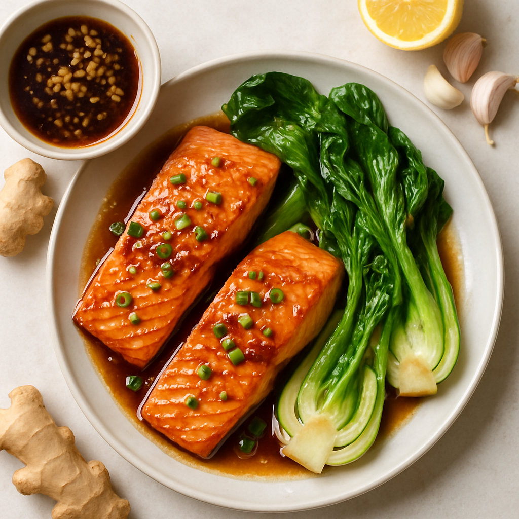 Salmón Glaseado con Miel y Salsa de Soja con Bok Choy
