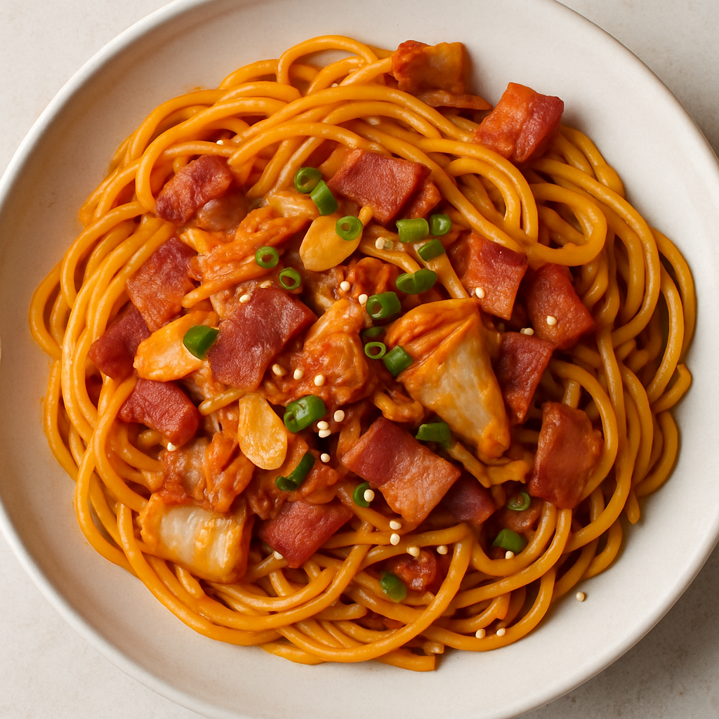 Kimchi Pasta with Bacon and Sesame Seeds