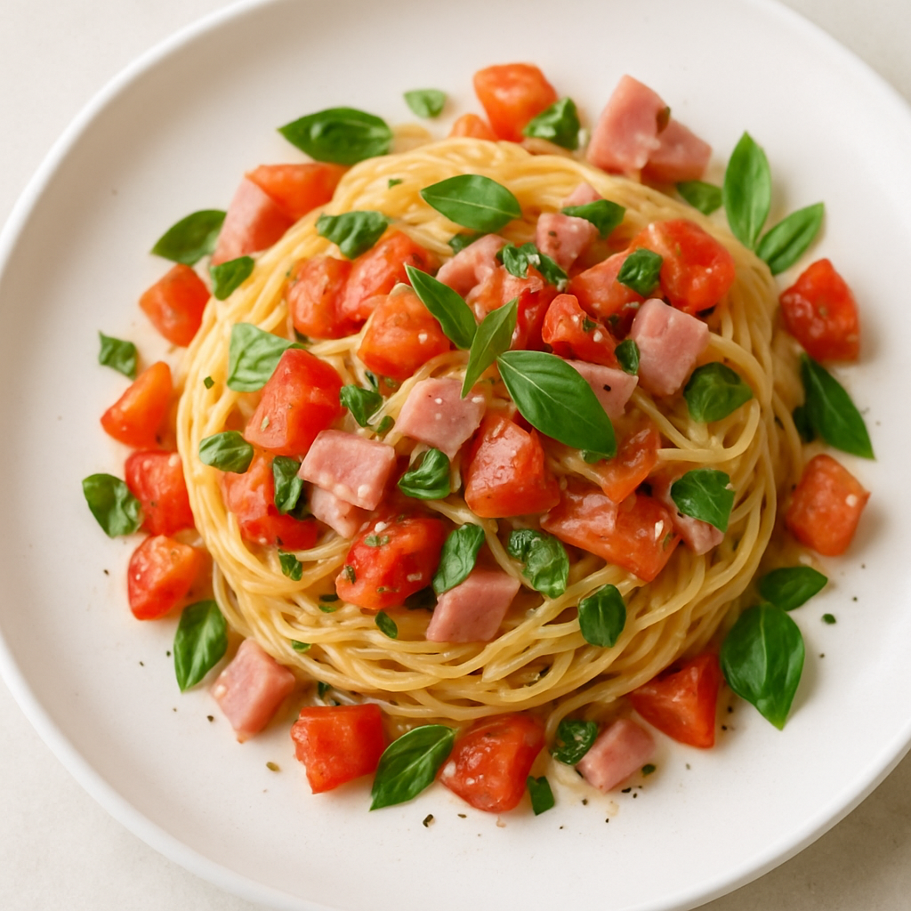Capellini with Tomatoes, Ham, Basil and Garlic Sauce