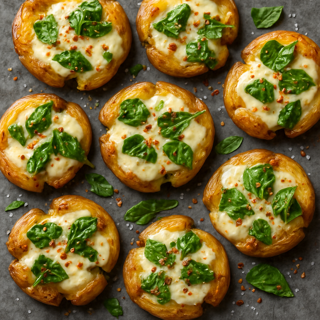 Smashed Potatoes with Melted Cheese and Greens