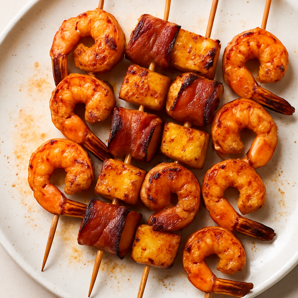 Brochetas de Camarones a la Parrilla y Piña Envuelta en Tocino