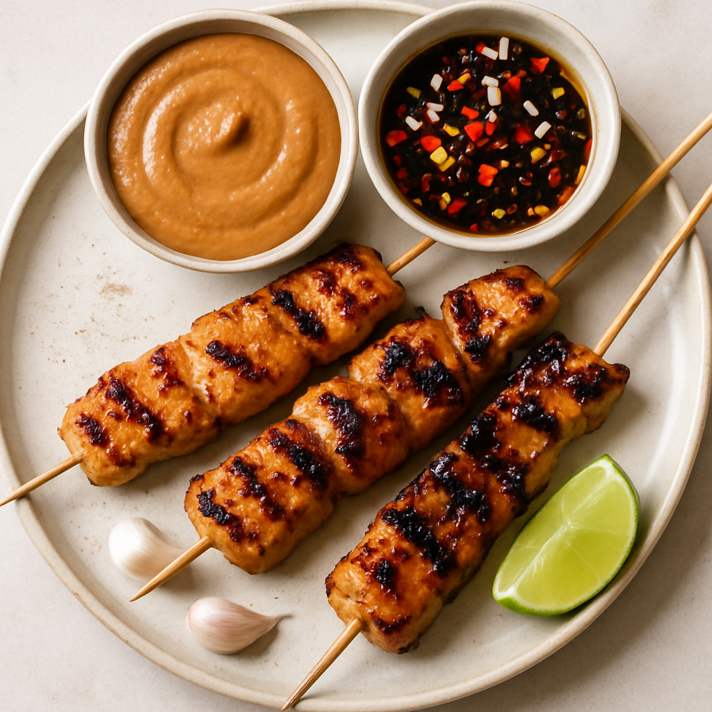 Grilled Chicken Skewers with Spicy Peanut Sauce and Sweet Chile-Soy Condiment