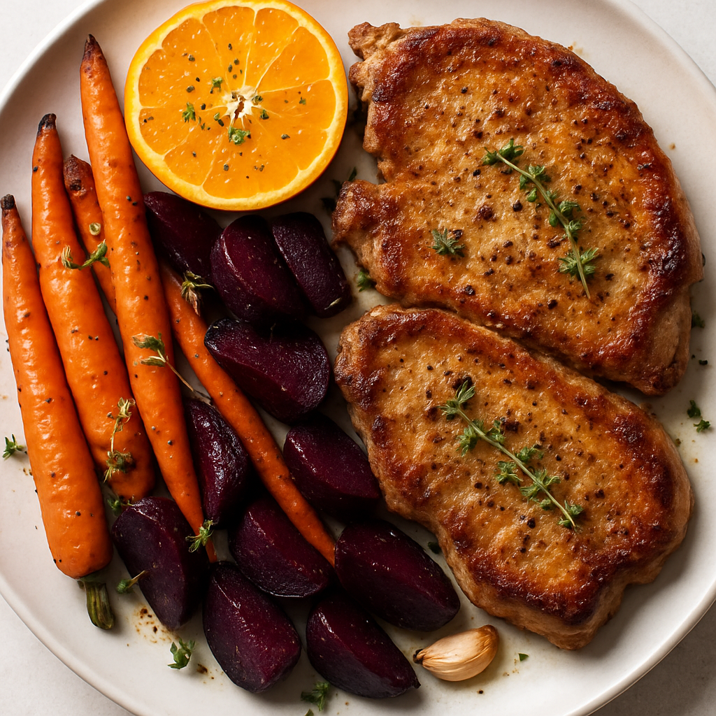 Zanahorias y Remolachas Asadas con Chuletas de Cerdo