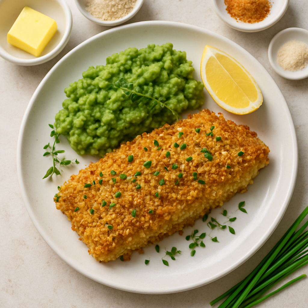 Bacalao Crujiente al Horno con Guisantes Majados