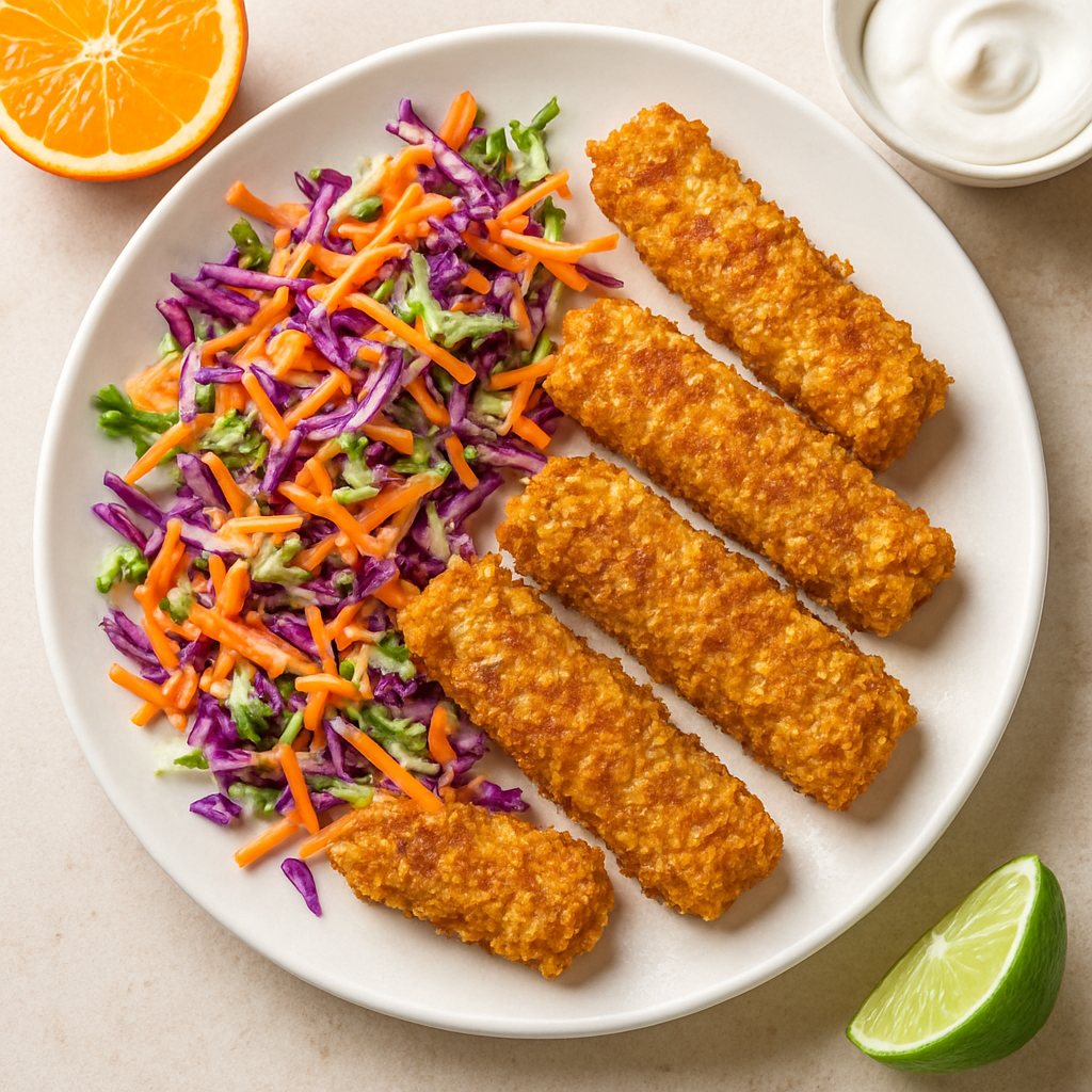 Palitos de Pescado con Costra de Tortilla y Ensalada de Col