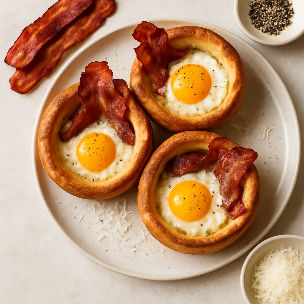 Eggy Puds: Breakfast Yorkshire Puddings with Bacon and Fried Eggs