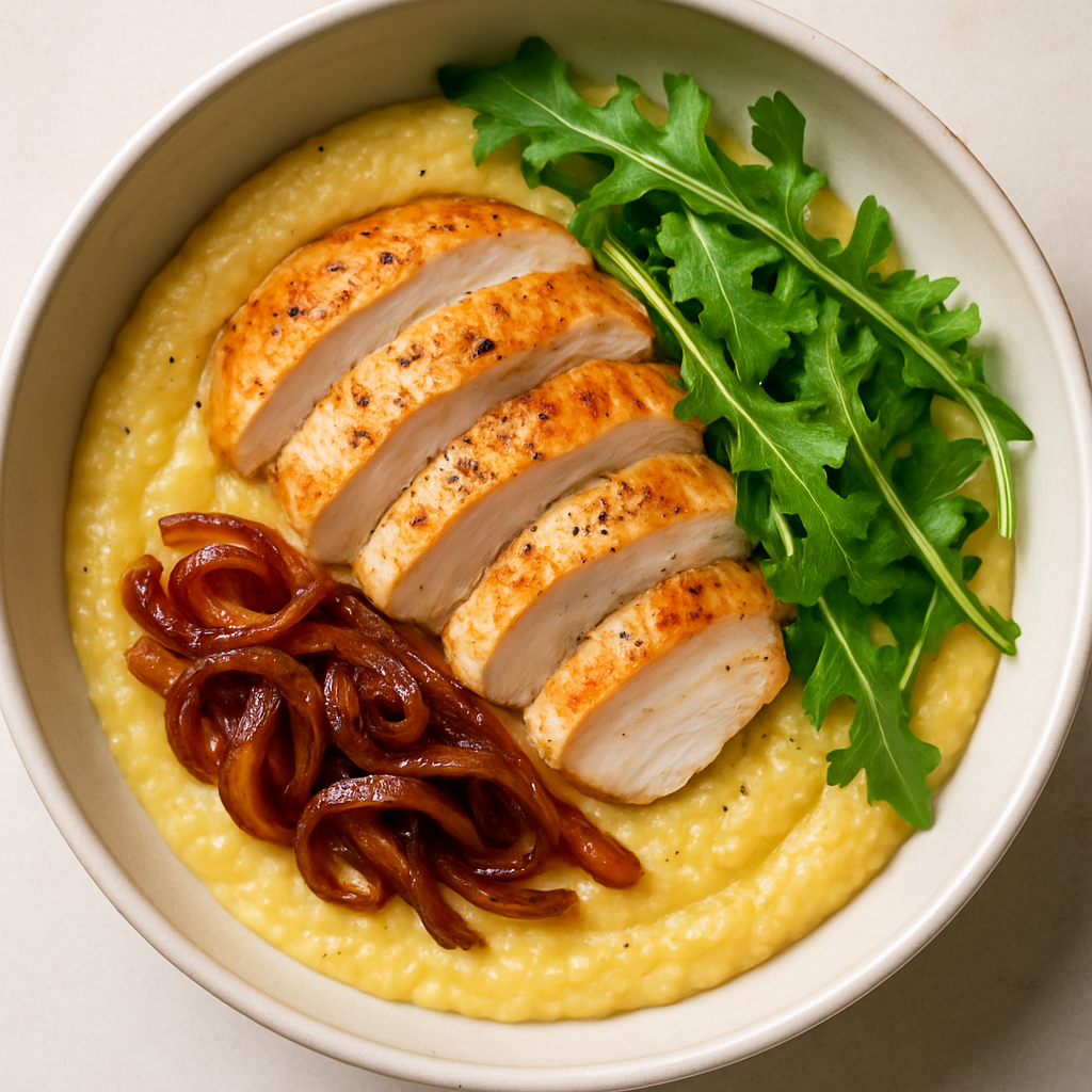 Polenta Cremosa con Pollo, Cebollas Caramelizadas y Rúcula