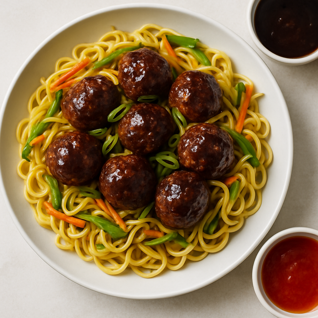 Black Bean Beef Meatballs with Stir-Fried Noodles