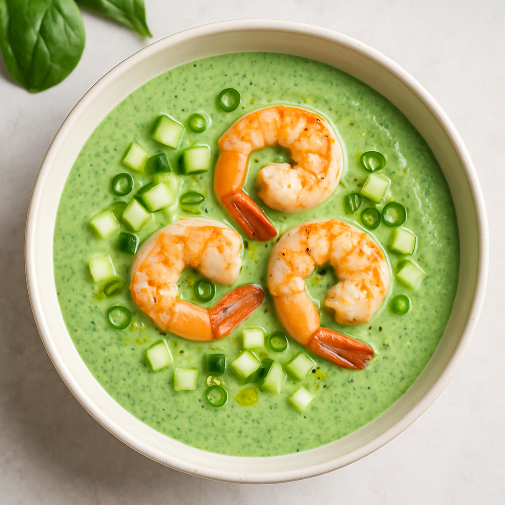 Sopa Fría de Yogur y Espinaca con Camarones