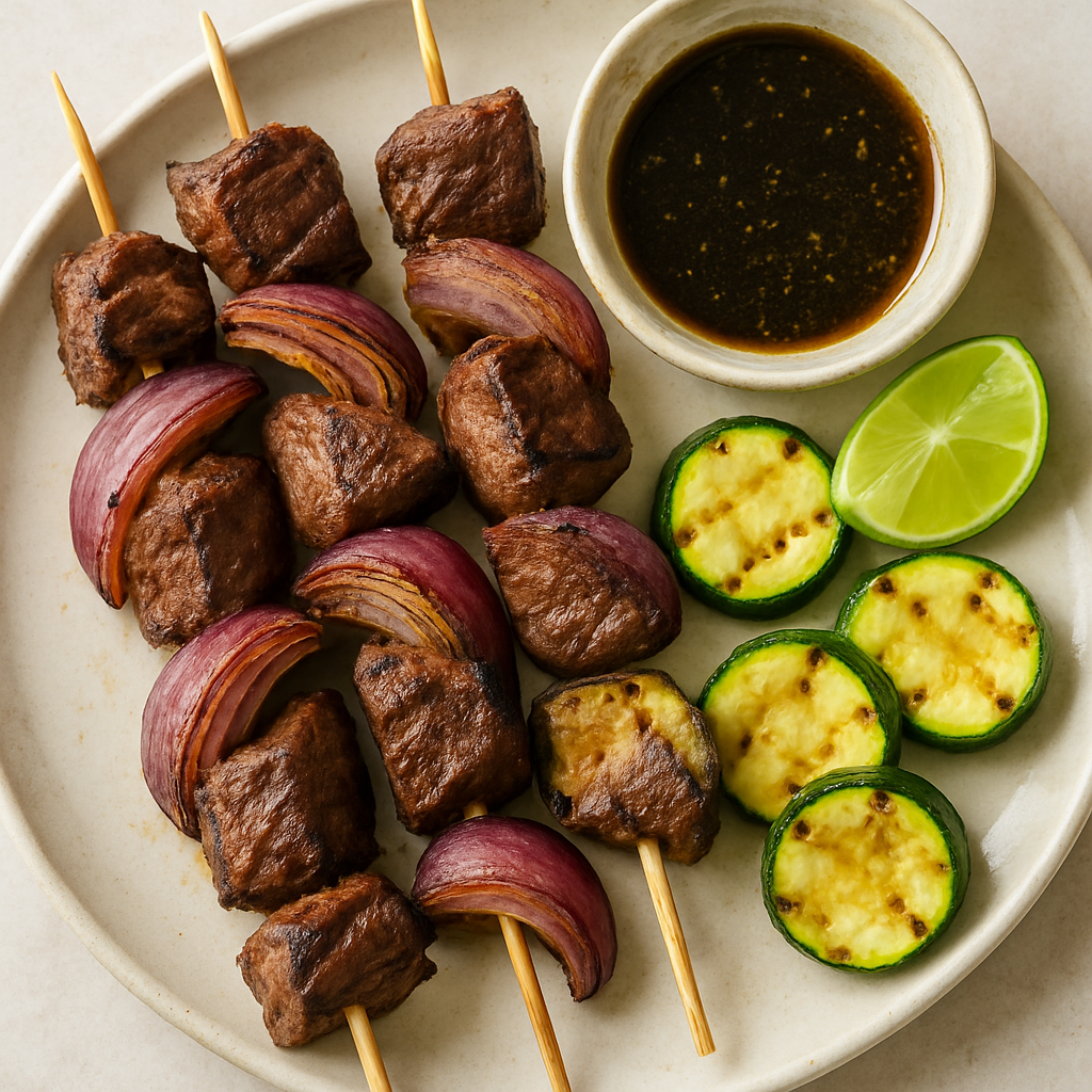 Brochetas de Carne Peruana con Cebolla y Calabacín Asados