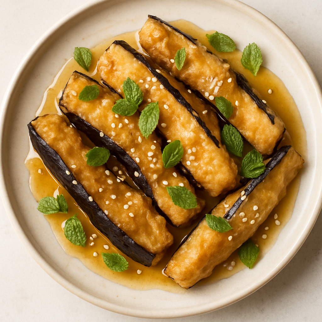 Fried Eggplant with Honey, Mint, and Sesame Seeds