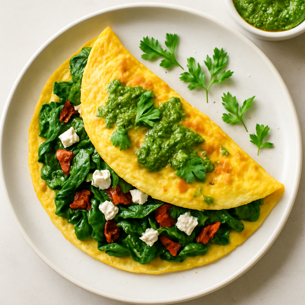 Spinach, Sun Dried Tomato, and Feta Omelets with Pesto