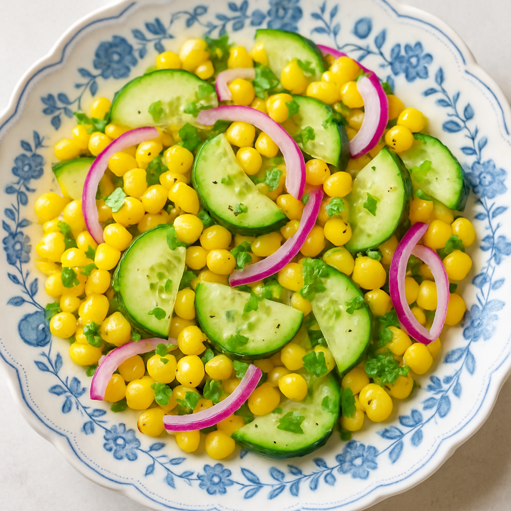 Ensalada de Pepino y Maíz con Vinagreta de Miel y Albaricoque