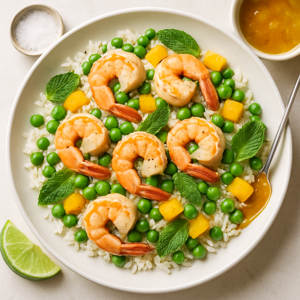 Shrimp, Pea, and Rice Salad with Mango Chutney Vinaigrette