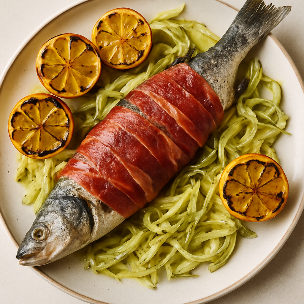 Whole Fish with Prosciutto, Fennel, and Grilled Lemons