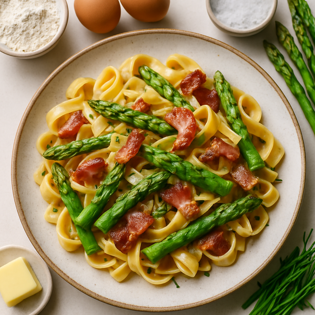 Asparagus on Egg Noodles and Guanciale